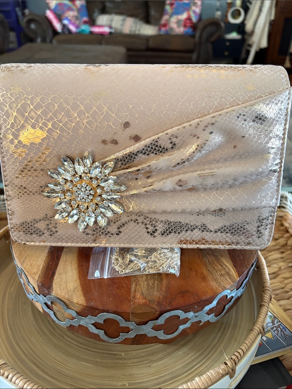 Crystal-Embellished Snake-Texture Clutch in Light Pink